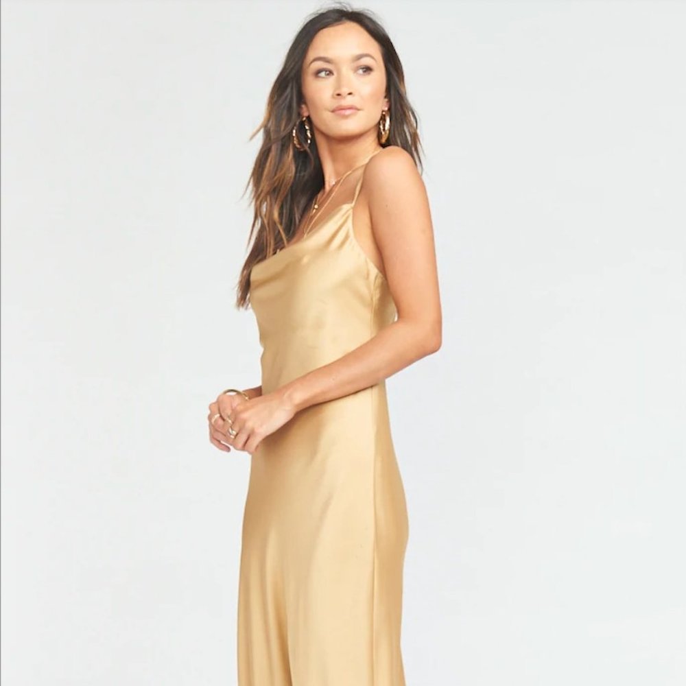 NWOT Show Me Your Mumu Verona Satin Cowl Neck Midi Slip Dress - True Gold Luxe